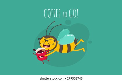 Bee flying to the office in the morning. Use for card, poster, banner, web design and print on t-shirt. Easy to edit. Vector illustration.