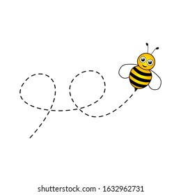 Bee flying on a dotted route isolated on the white background