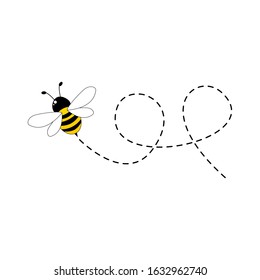 Bee flying on a dotted route isolated on the white background