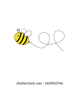 Bee flying on a dotted route isolated on the white background