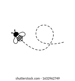 Bee flying on a dotted route isolated on the white background