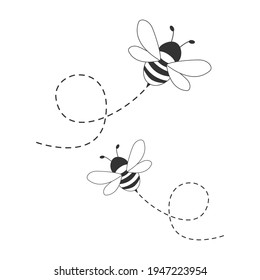 Bee flying on a dotted route. Black and white bee characters. Vector isolated on the white background