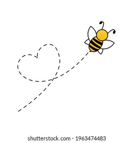 Bee flying on a dotted route in heart shape. Lovely bee character. Vector cute illustration isolated on the white background