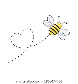 Bee flying on a dotted route in heart shape. Lovely bee character. Vector cute illustration isolated on the white background