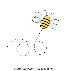 Bee flying on a dotted route. Cute bee character. Vector illustration isolated on the white background