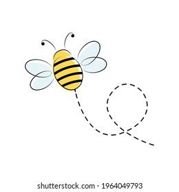 Bee flying on a dotted route. Cute bee character. Vector illustration isolated on the white background