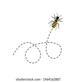 Bee flying on a dotted route. Cute bee character. Vector illustration isolated on the white background