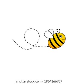 Bee flying on a dotted route. Cute bee character. Vector illustration isolated on the white background