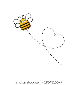 Bee flying on a dotted route in heart shape. Lovely bee character. Vector cute illustration isolated on the white background