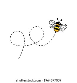 Bee flying on a dotted route. Cute bee character. Vector illustration isolated on the white background