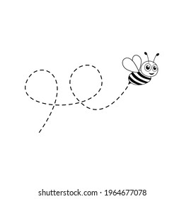 Bee flying on a dotted route. Cute bee character. Vector illustration isolated on the white background