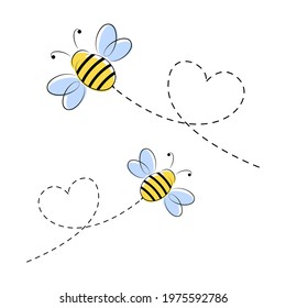 Bee flying on a dotted route in heart shape. Lovely bees characters set. Cute vector illustration isolated on the white background