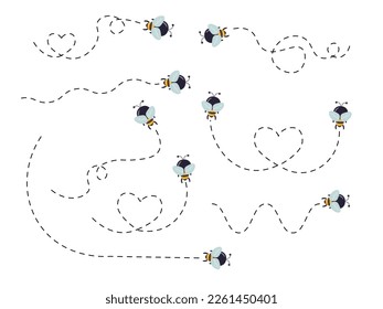 Abejas volando por una ruta de puntos. Juego de caracteres de abeja. Ilustración vectorial aislada en el fondo blanco