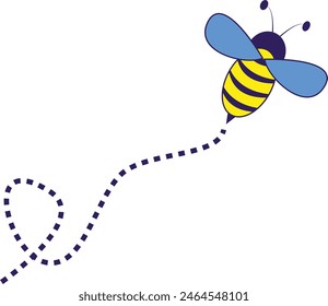 Bee Flying on a Dotted Route with Cartoon Design. Vector illustration on White Background.