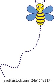 Bee Flying on a Dotted Route with Cartoon Design. Vector illustration on White Background.