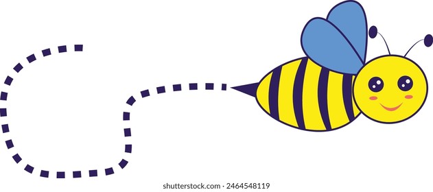 Bee Flying on a Dotted Route with Cartoon Design. Vector illustration on White Background.