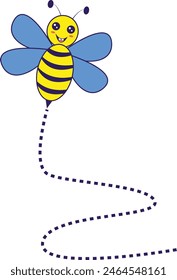 Bee Flying on a Dotted Route with Cartoon Design. Vector illustration on White Background.