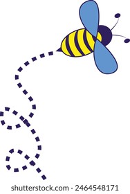 Bee Flying on a Dotted Route with Cartoon Design. Vector illustration on White Background.