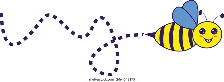 Bee Flying on a Dotted Route with Cartoon Design. Vector illustration on White Background.