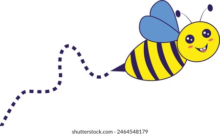 Bee Flying on a Dotted Route with Cartoon Design. Vector illustration on White Background.