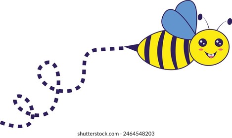 Abeja volando en una ruta punteada con diseño de dibujos animados. Ilustración vectorial sobre fondo blanco.