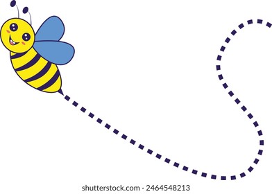 Bee Flying on a Dotted Route with Cartoon Design. Vector illustration on White Background.