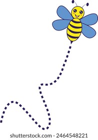 Bee Flying on a Dotted Route with Cartoon Design. Vector illustration on White Background.