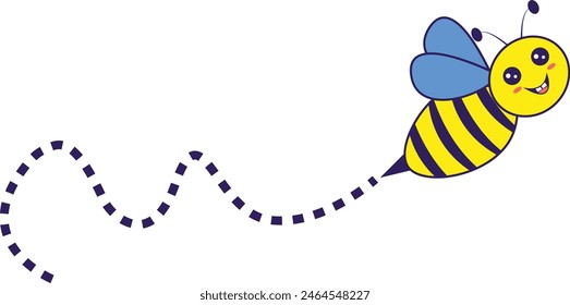 Bee Flying on a Dotted Route with Cartoon Design. Vector illustration on White Background.