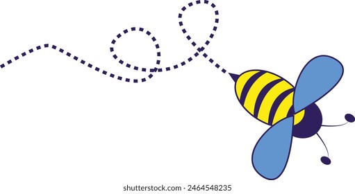 Bee Flying on a Dotted Route with Cartoon Design. Vector illustration on White Background.