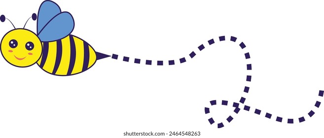 Abeja volando en una ruta punteada con diseño de dibujos animados. Ilustración vectorial sobre fondo blanco.