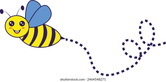 Bee Flying on a Dotted Route with Cartoon Design. Vector illustration on White Background.