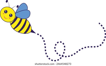 Bee Flying on a Dotted Route with Cartoon Design. Vector illustration on White Background.