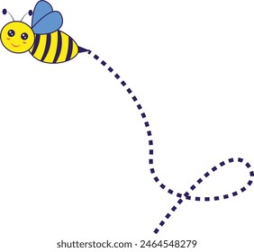 Abeja volando en una ruta punteada con diseño de dibujos animados. Ilustración vectorial sobre fondo blanco.