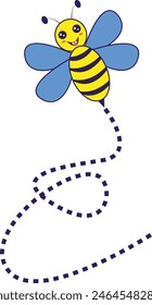 Abeja volando en una ruta punteada con diseño de dibujos animados. Ilustración vectorial sobre fondo blanco.