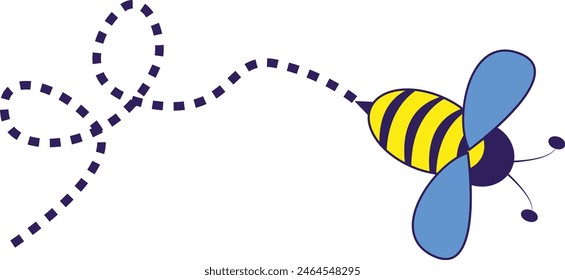 Bee Flying on a Dotted Route with Cartoon Design. Vector illustration on White Background.