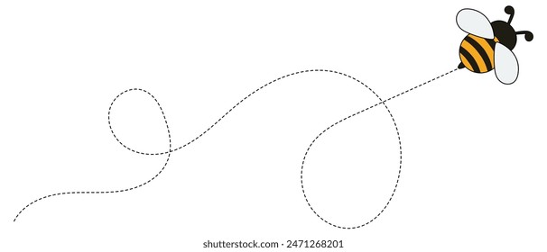 Bee flying on a dotted route. Happy bee on dotted route to honey or hive, bee on dot line way for journey travel or delivery logistics 
