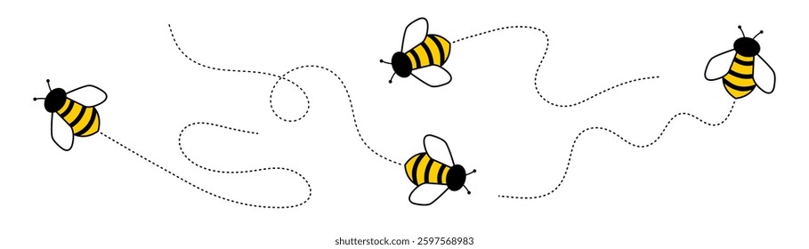 Bee flying on a dotted route. Bee icon set. Honey Bee