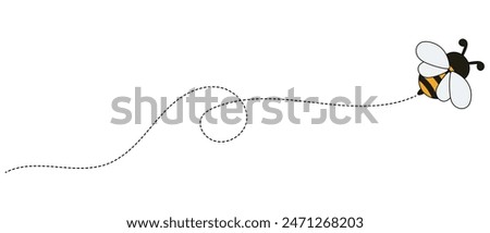 Bee flying on a dotted route. Happy bee on dotted route to honey or hive, bee on dot line way for journey travel or delivery logistics 
