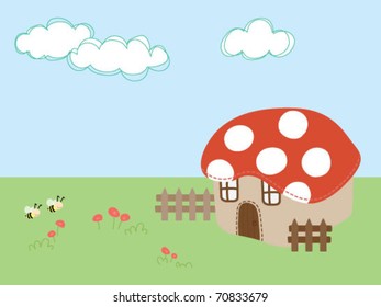 bee flying on grass with mushroom house vector illustration