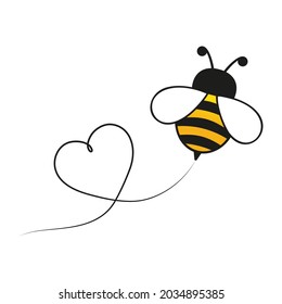 Abejas volando en una línea en forma de corazón. Bonito personaje de abeja. Ilustración vectorial de corte. Aislado sobre fondo blanco