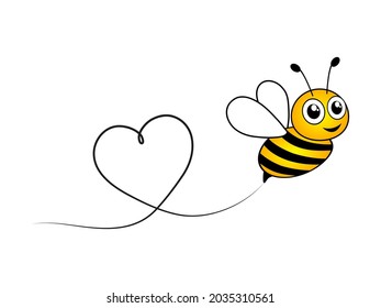 Bee flying on a line route in heart shape. Lovely bee character. Cute vector illustration. Isolated on white background