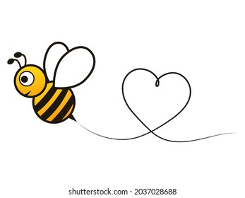 Abejas volando en una línea en forma de corazón. Bonito personaje de abeja. Ilustración vectorial de corte. Aislado sobre fondo blanco