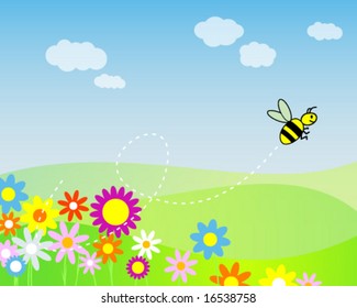 bee flying over meadows with flowers