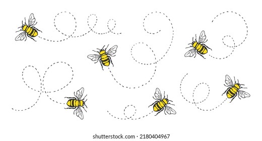 Bee flying. Painted bees. Bee flying on a dotted route. Vector illustration