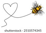 Bee flying path. A bee flying in a dotted line love. The flight path of bee. Bee flying on a dotted route. Hand drawn detailed bees.