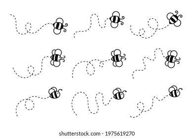 Bee flying path. A bee flying in a dotted line The flight path of a bee to honey.