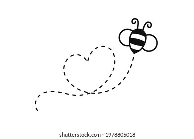 Bee flying path. A bee flying in a dotted line The flight path of a bee to honey.