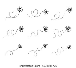 Bee flying path. A bee flying in a dotted line The flight path of a bee to honey.