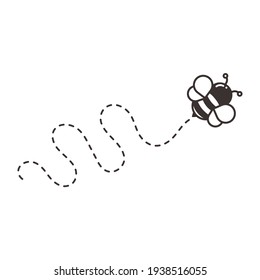 Bee flying path Vector bee flying in a heart shaped dot line Isolated on white background.
