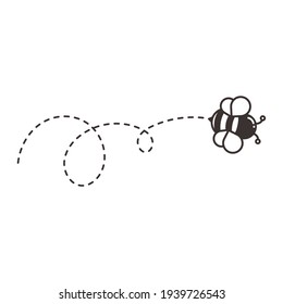 Bee flying path Vector bee flying in a heart shaped dot line Isolated on white background.